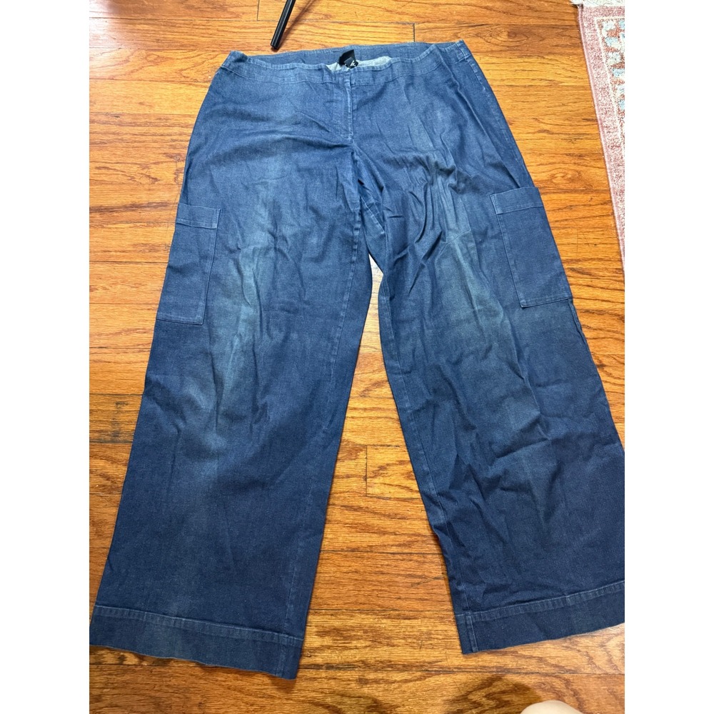 Eileen Fisher Womens Large Blue Wide Leg Cargo Pants Denim Trousers Side Zip